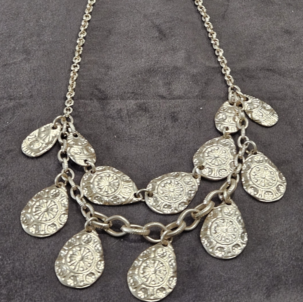 Bohemian Silver Layered Necklace with Textured Pendants